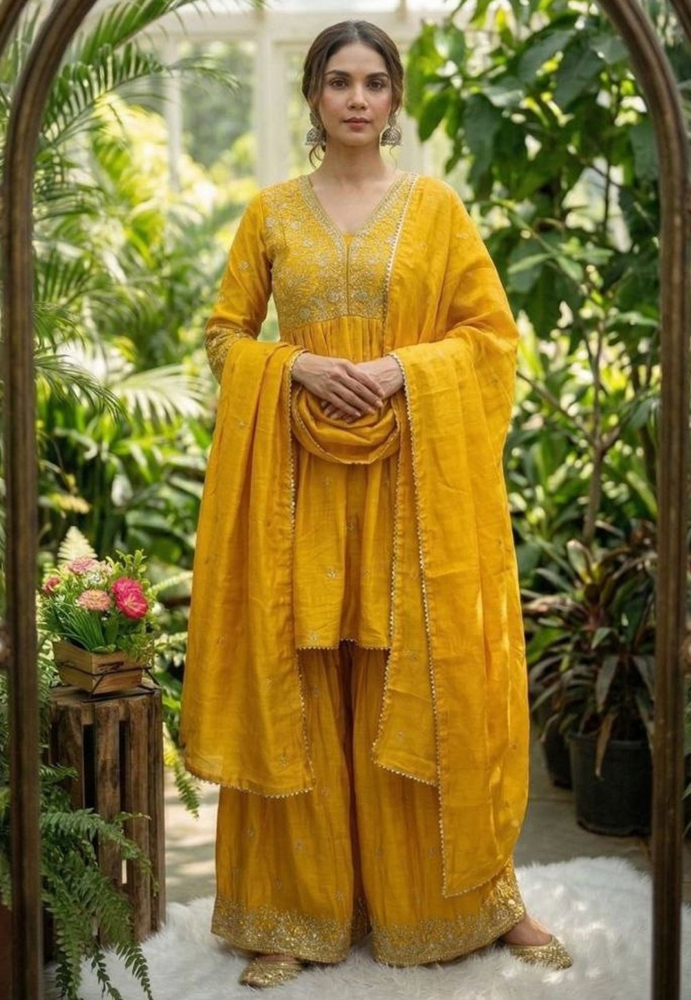 Yellow Chinon Readymade Gharara Suit 327428