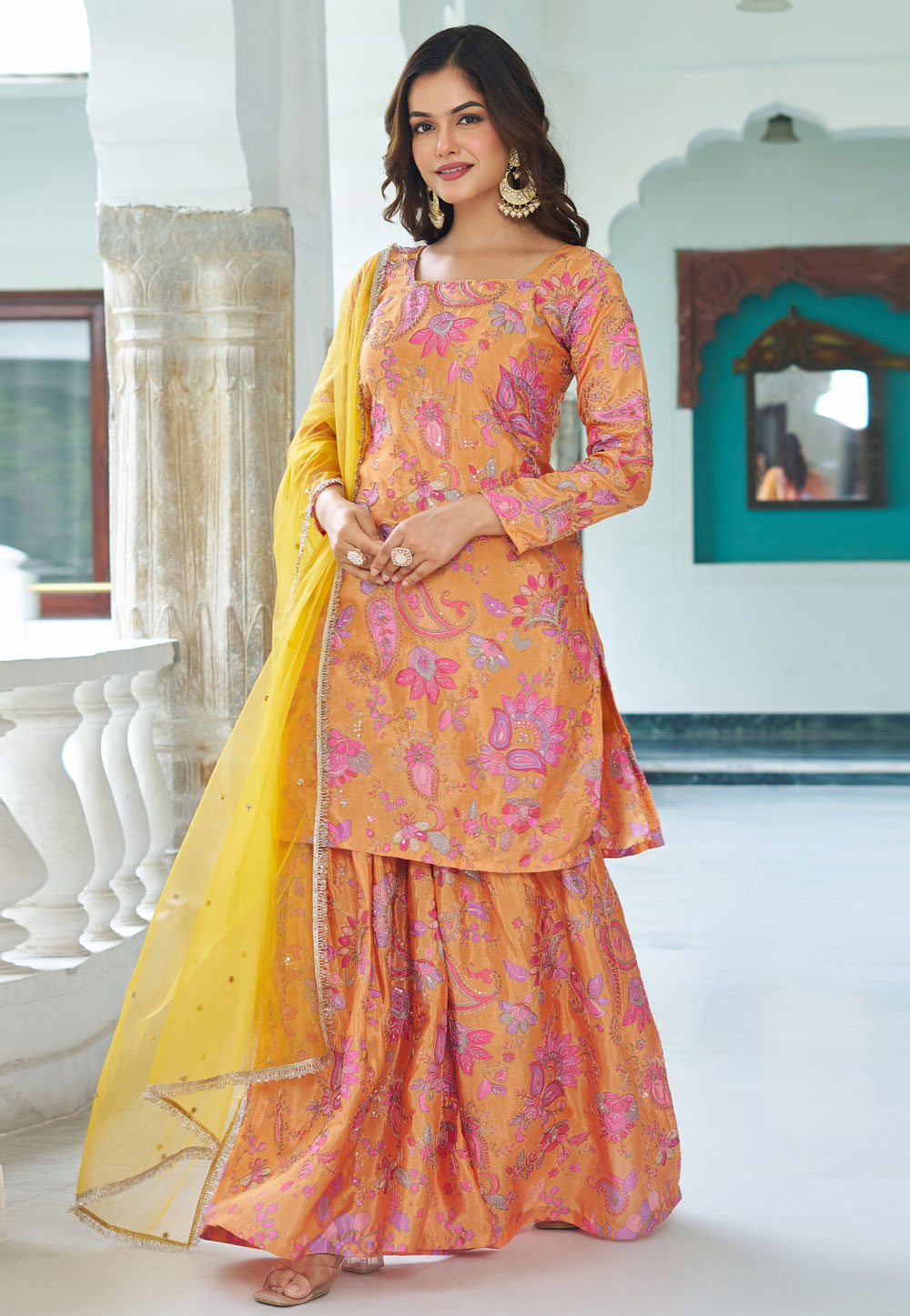 Yellow Chinon Readymade Gharara Suit 322245