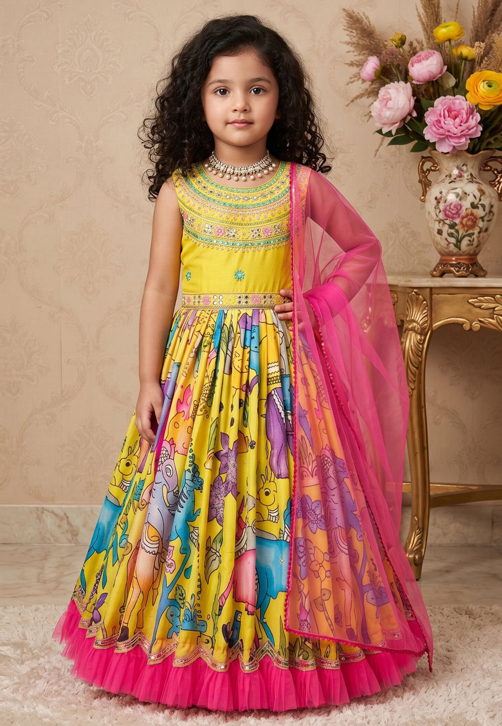 Yellow Chinon Readymade Kids Gown 329943