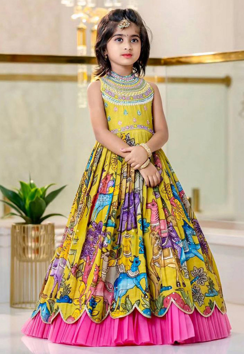 Yellow Chinon Readymade Kids Gown 317994