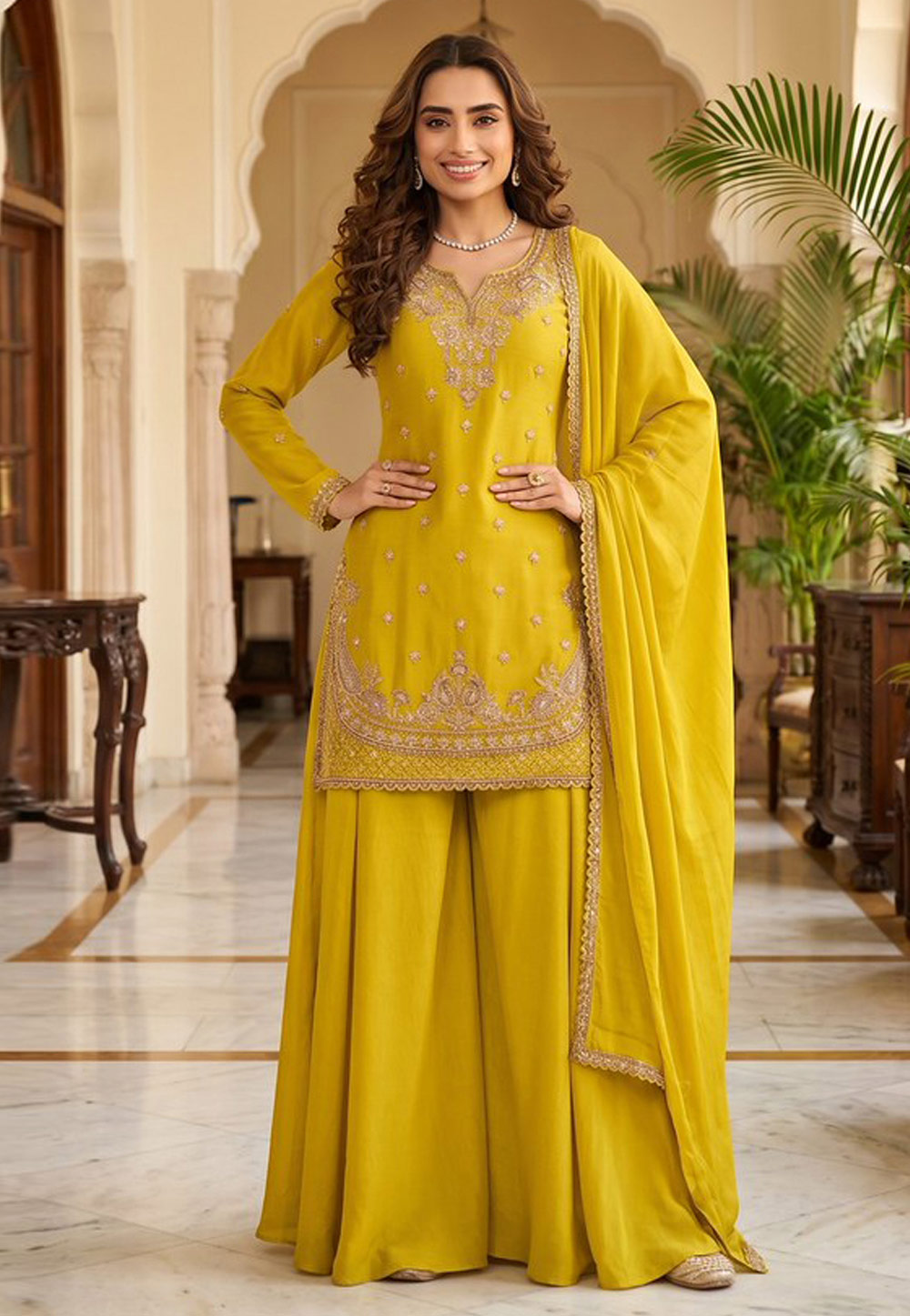 Yellow Chinon Readymade Pakistani Suit 328918