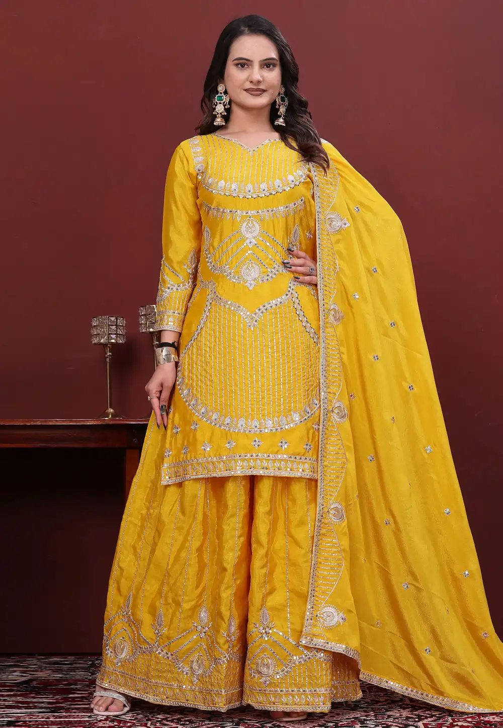 Yellow Chinon Readymade Pakistani Suit 330429