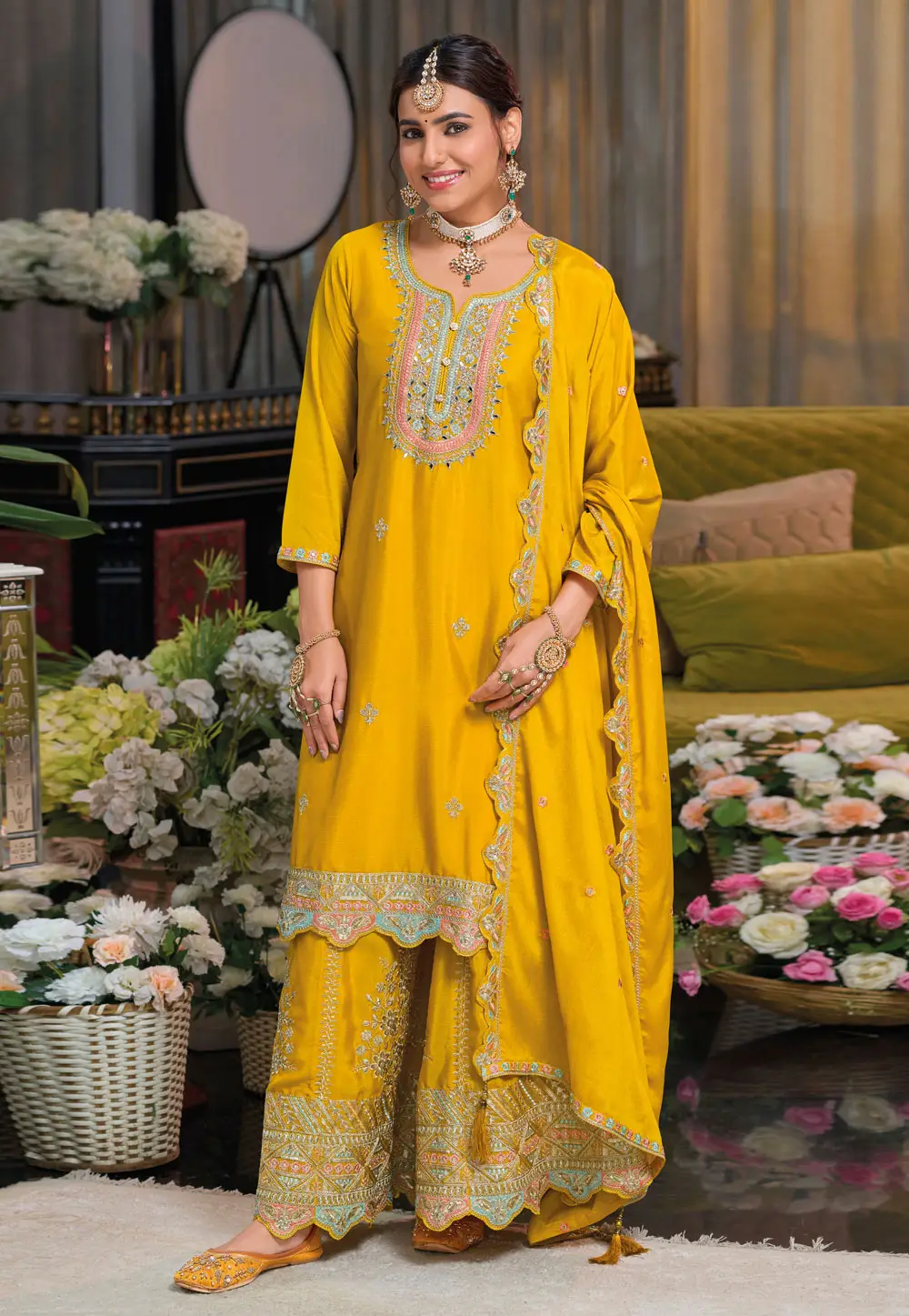 Yellow Chinon Readymade Pakistani Suit 295165