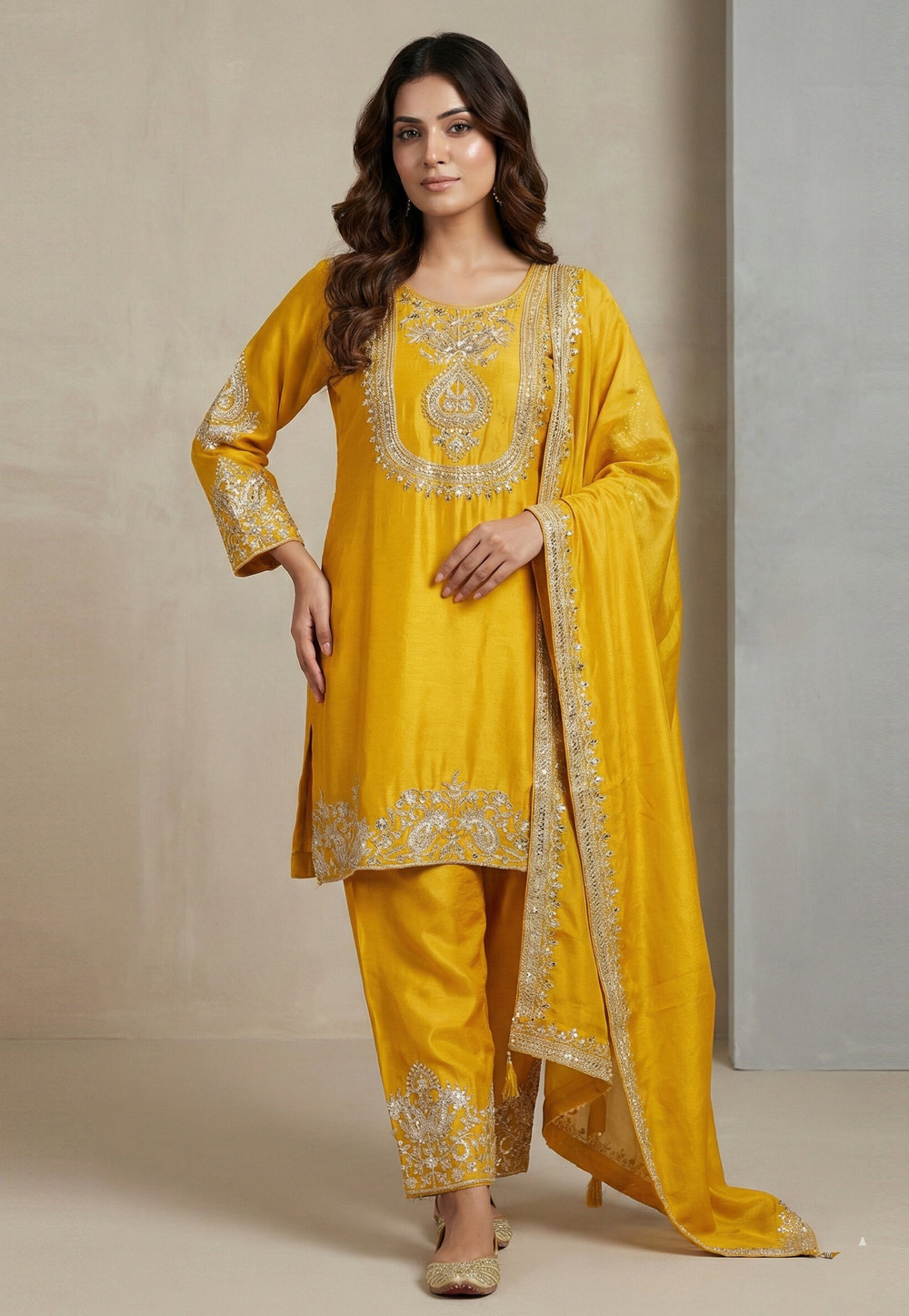 Yellow Chinon Readymade Pakistani Suit 323877