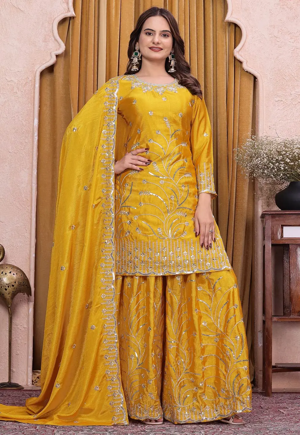 Yellow Chinon Readymade Pakistani Suit 333896