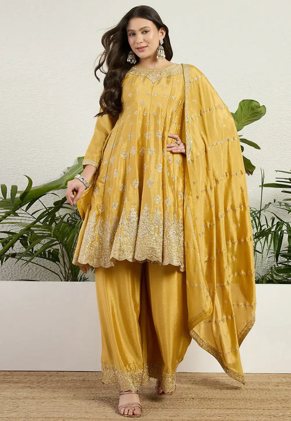 Yellow Chinon Readymade Pakistani Suit 327417