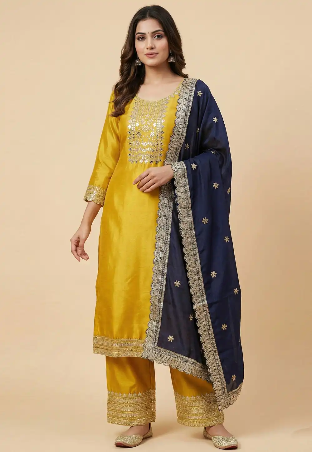 Yellow Chinon Readymade Palazzo Suit 323866