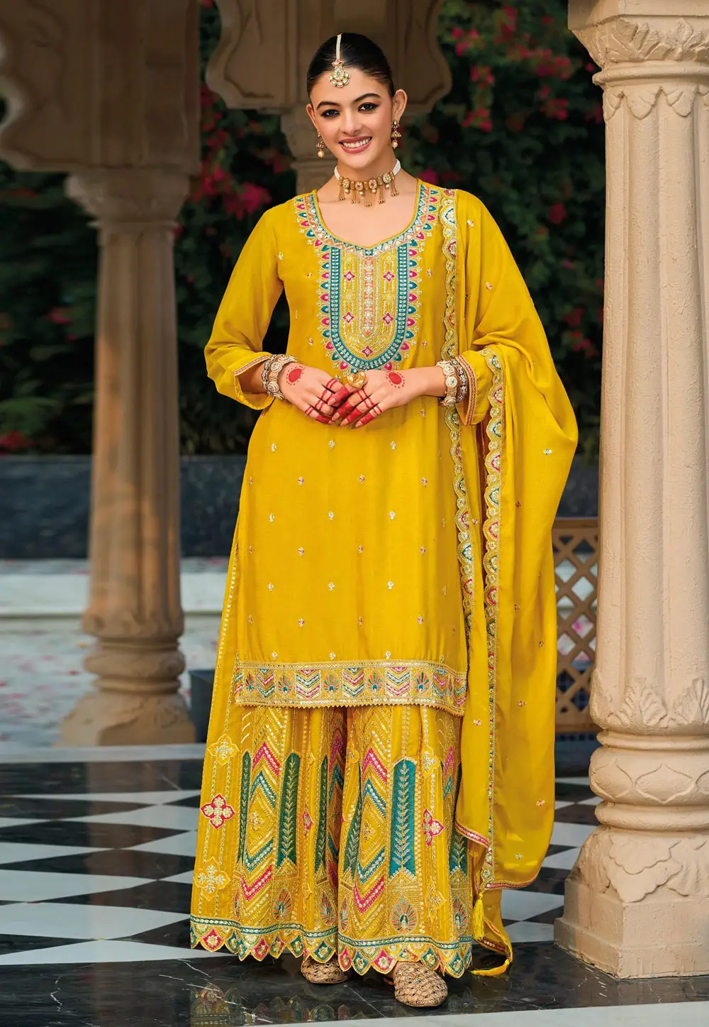 Yellow Chinon Readymade Palazzo Suit 335475