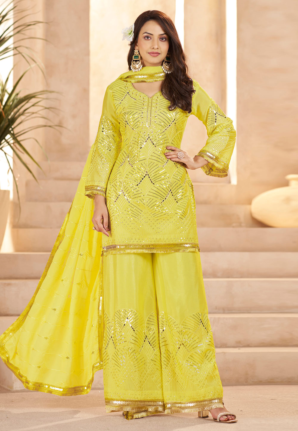 Yellow Chinon Readymade Palazzo Suit 324851