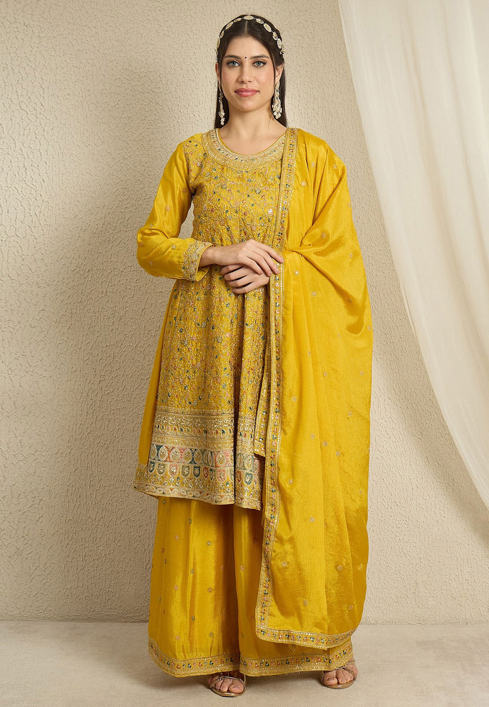 Yellow Chinon Readymade Palazzo Suit 327414