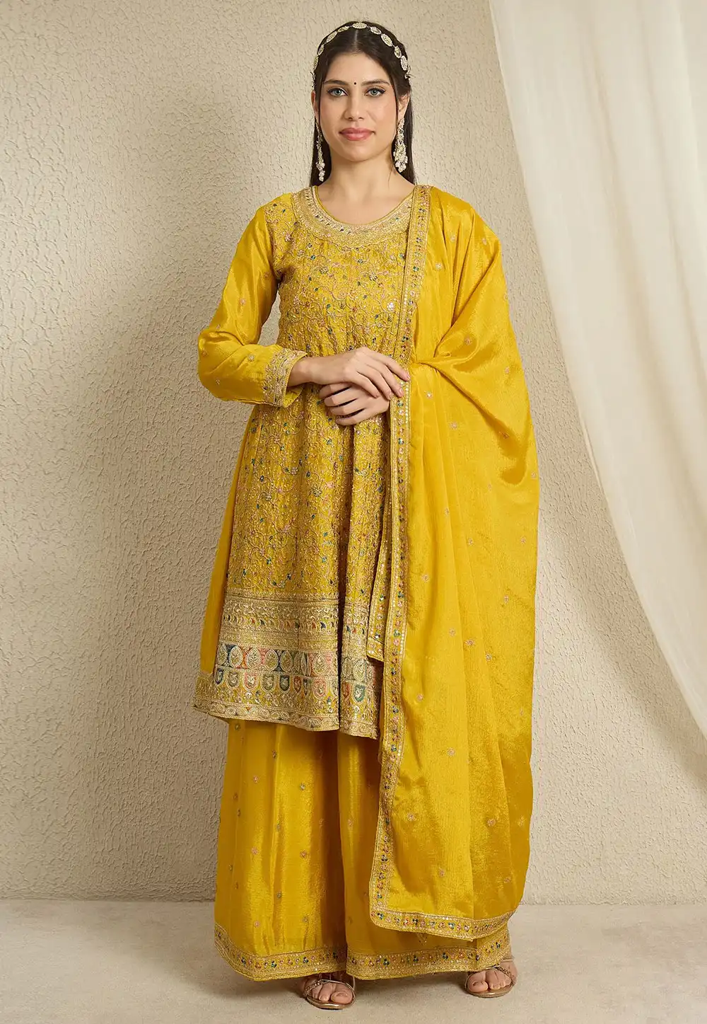 Yellow Chinon Readymade Palazzo Suit 327414