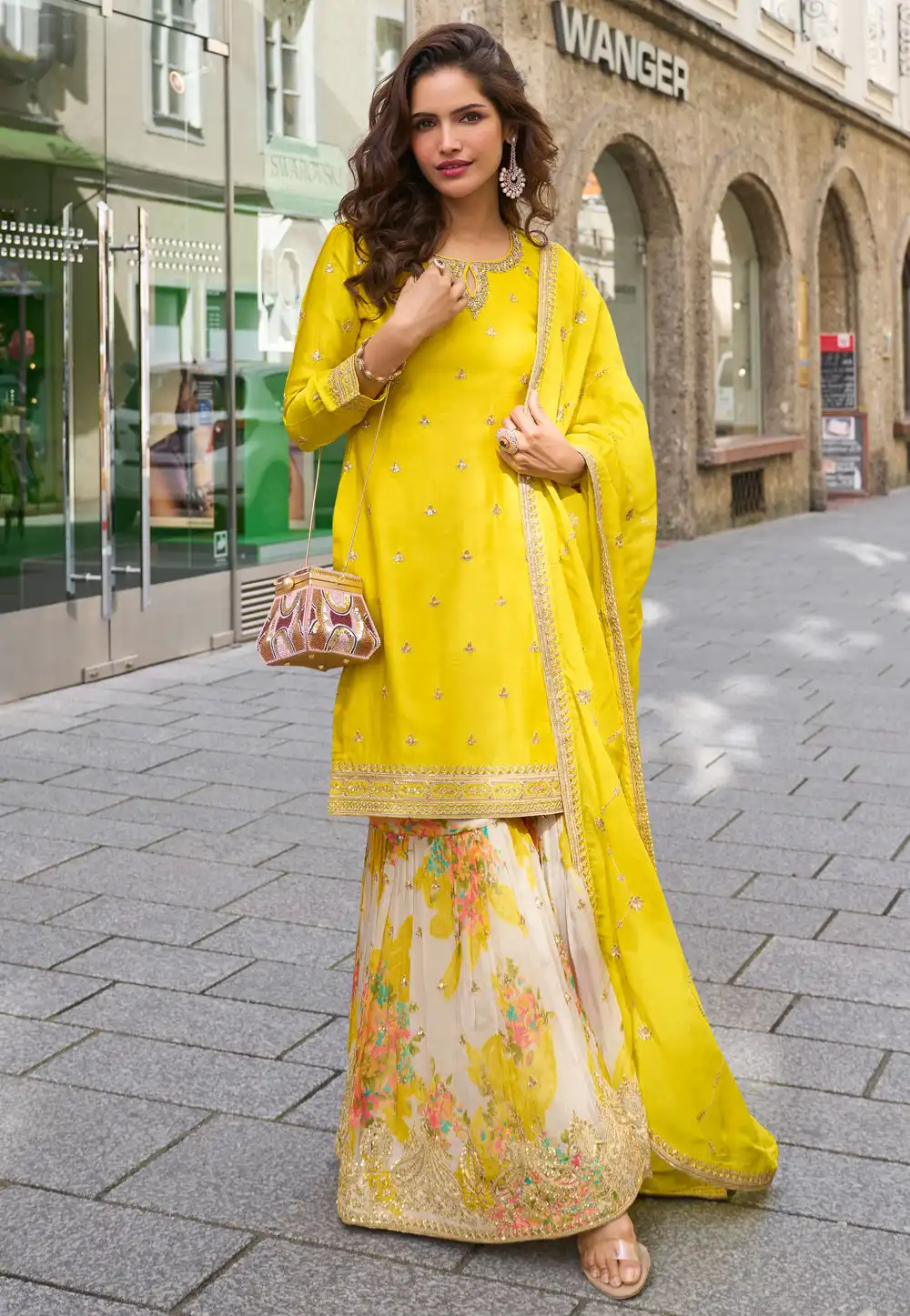 Yellow Chinon Readymade Sharara Suit 315480