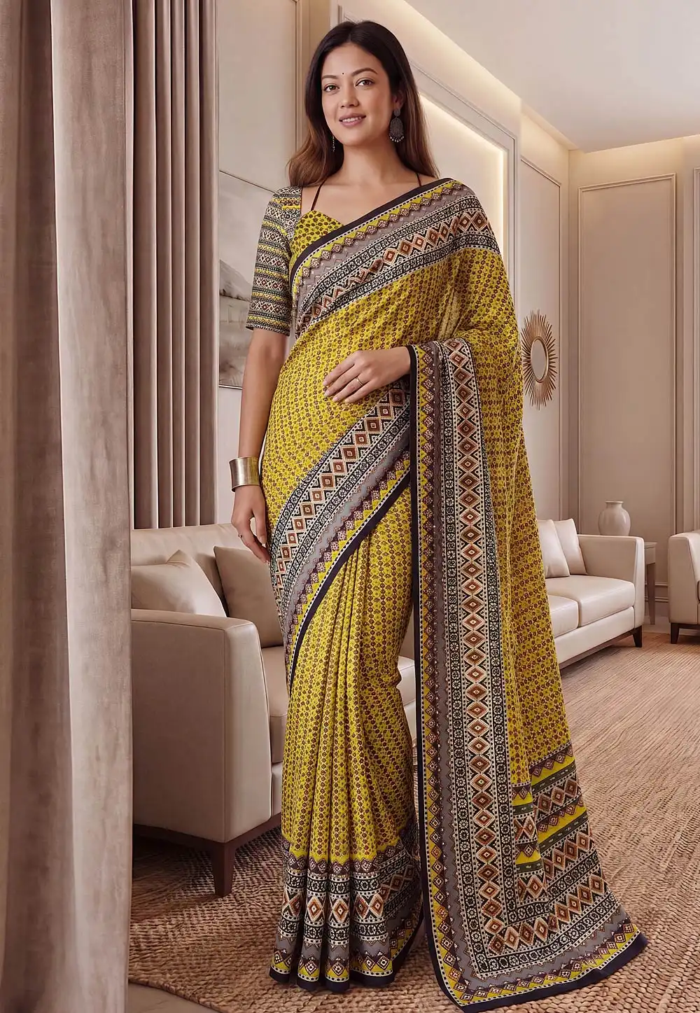 Yellow Chinon Saree With Blouse 330284