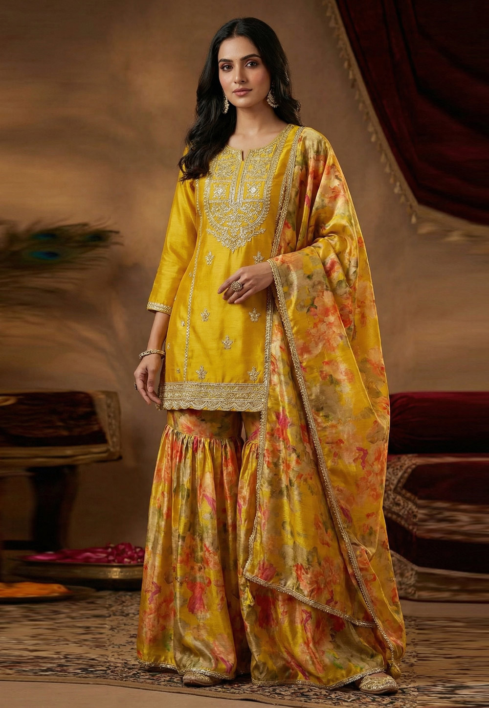 Yellow Chinon Silk Gharara Suit 321166