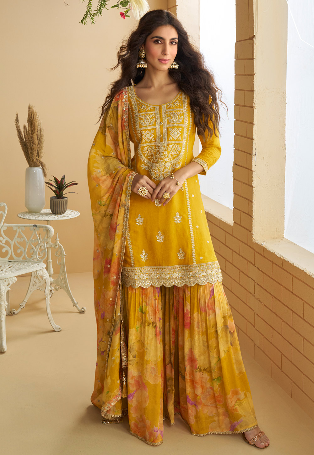 Yellow Chinon Silk Pakistani Suit 318748
