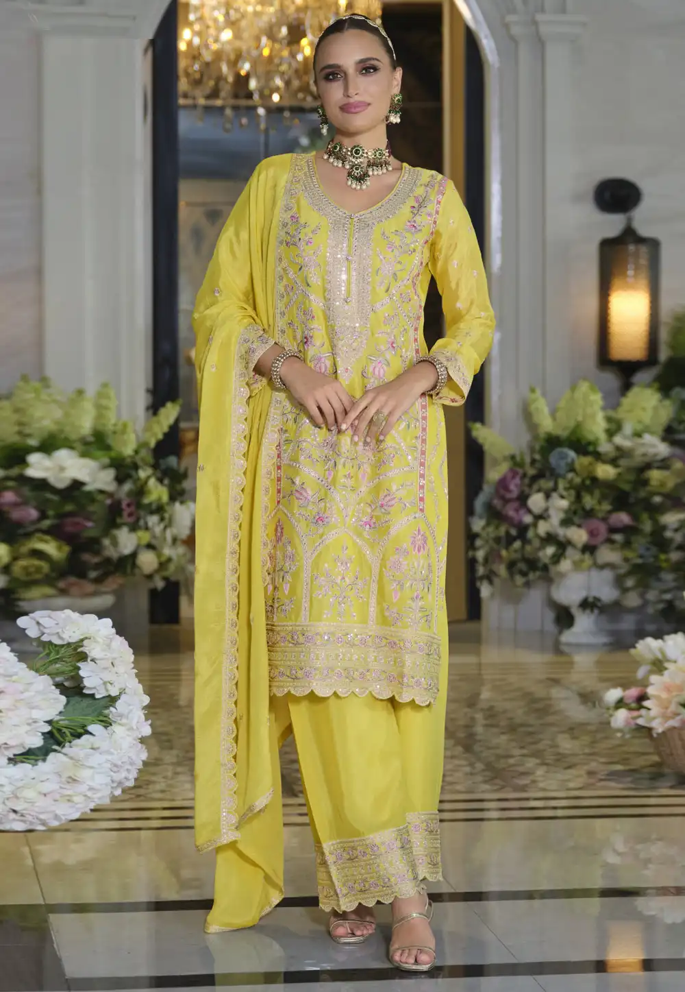 Yellow Chinon Silk Pakistani Suit 317448