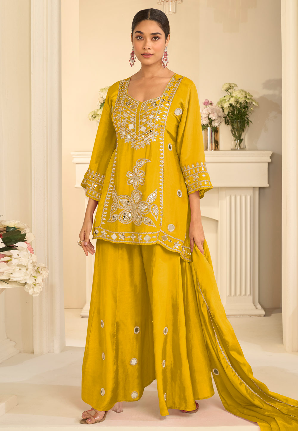 Yellow Chinon Silk Palazzo Suit 325971