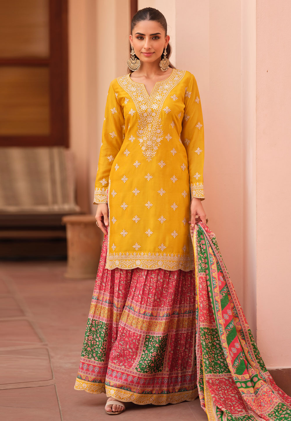 Yellow Chinon Silk Palazzo Suit 324227