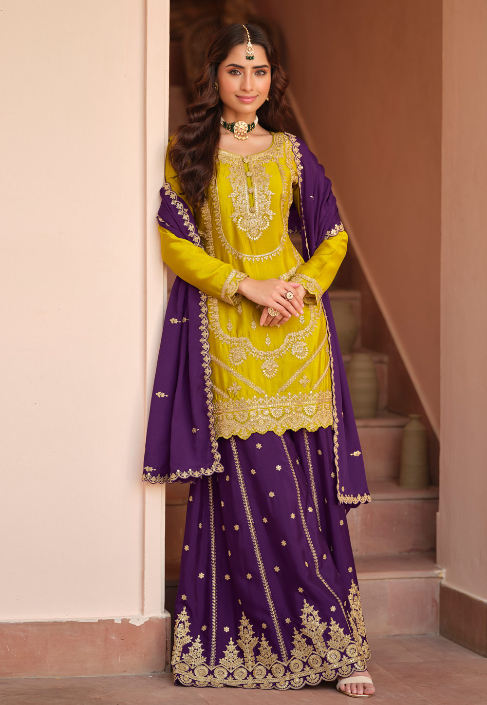 Yellow Chinon Silk Palazzo Suit 322610