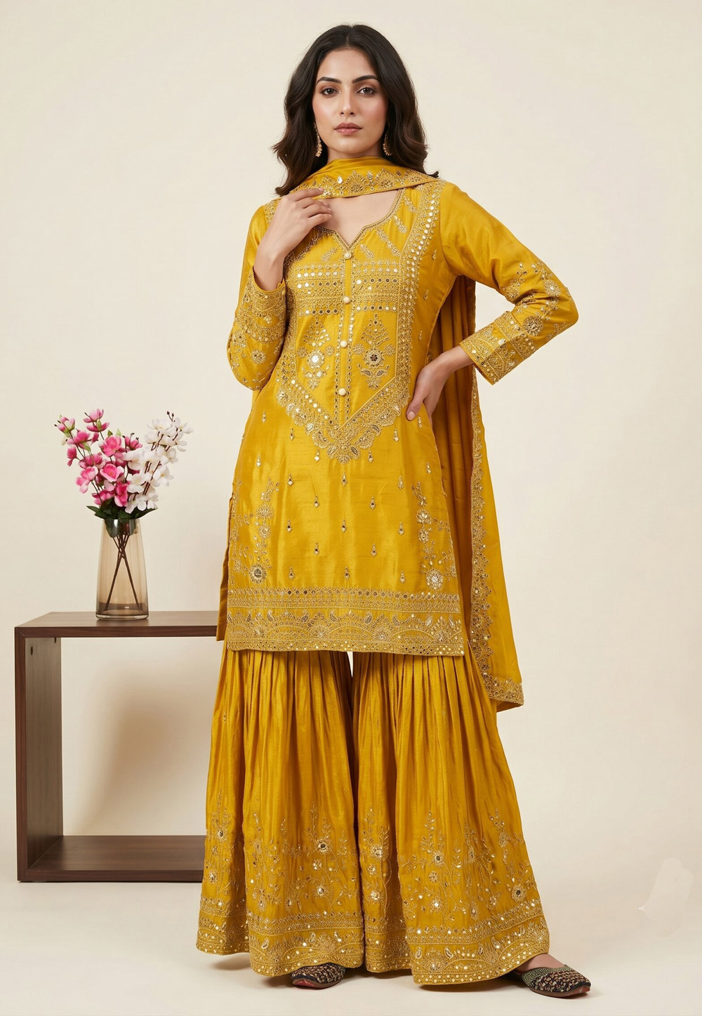 Yellow Chinon Silk Readymade Gharara Suit 330342