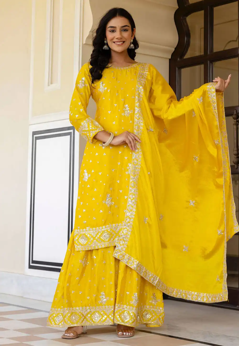 Yellow Chinon Silk Readymade Gharara Suit 321878