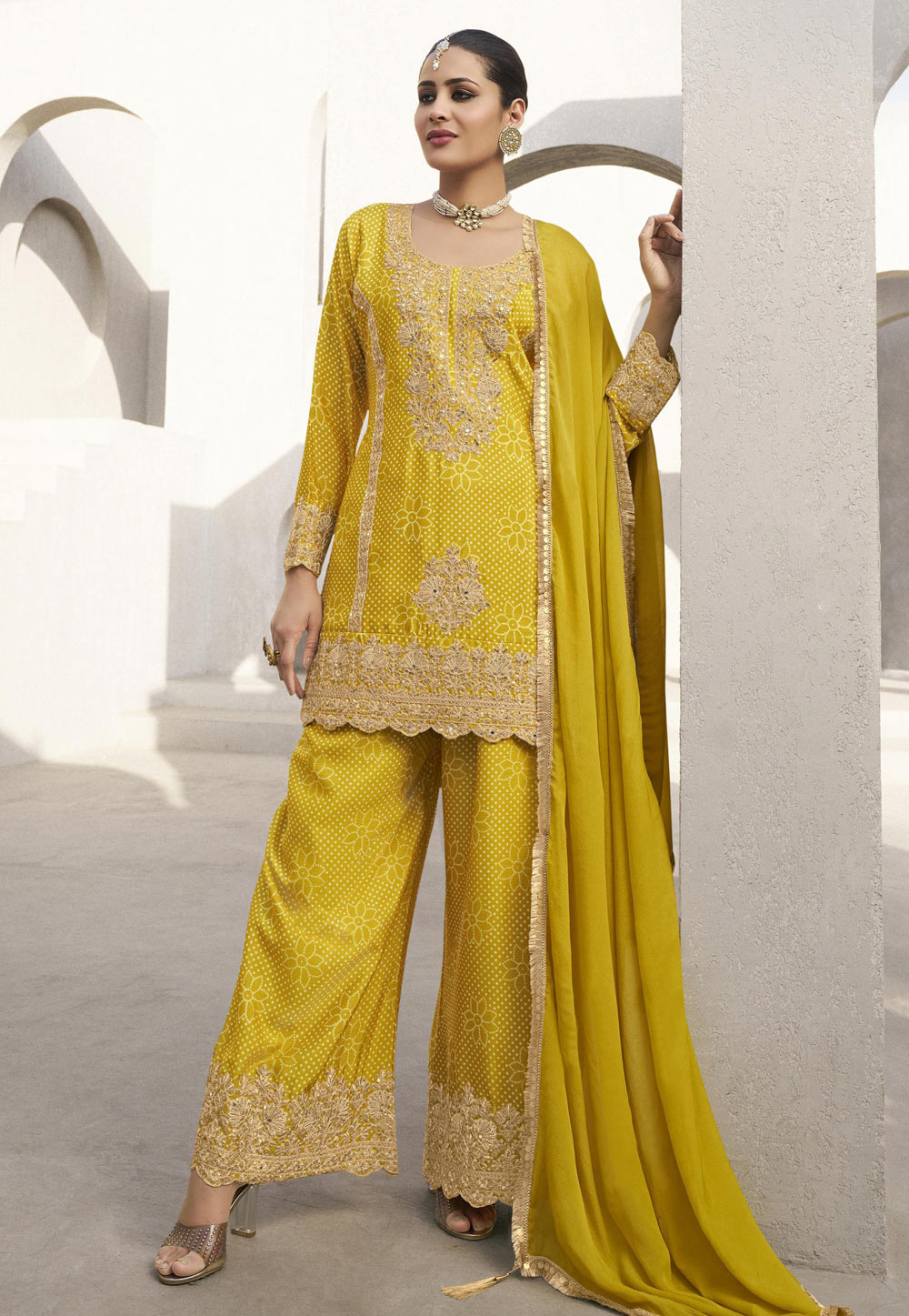 Yellow Chinon Silk Readymade Pakistani Suit 307136
