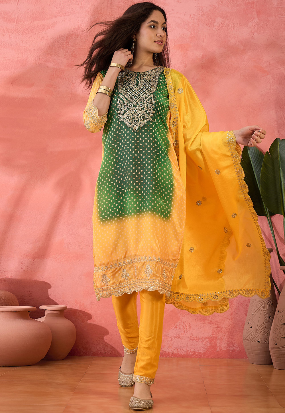 Yellow Chinon Silk Readymade Pakistani Suit 308256