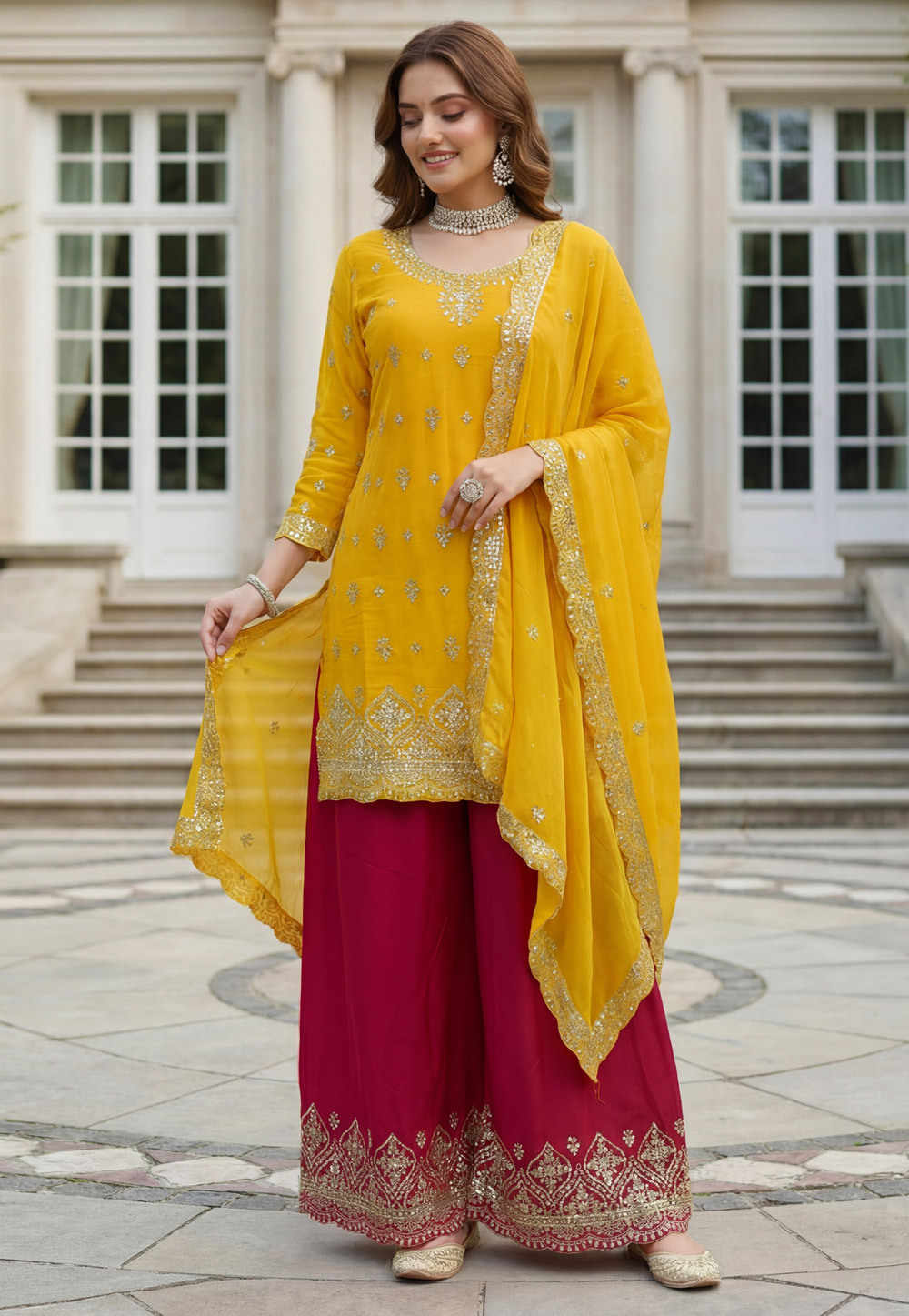 Yellow Chinon Silk Readymade Palazzo Suit 322992