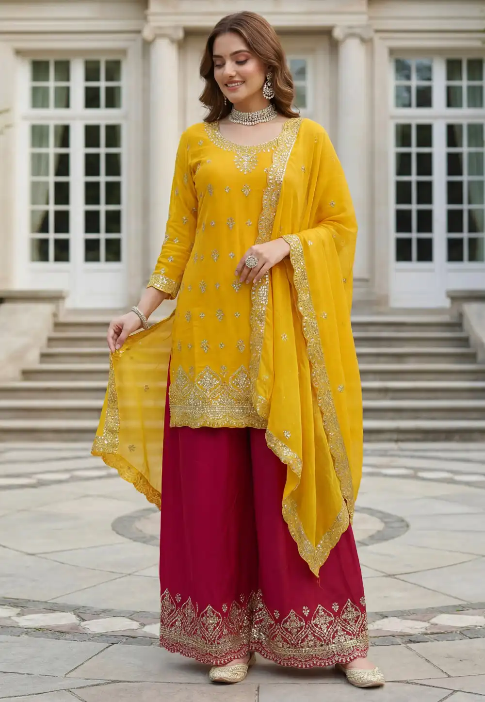 Yellow Chinon Silk Readymade Palazzo Suit 322992
