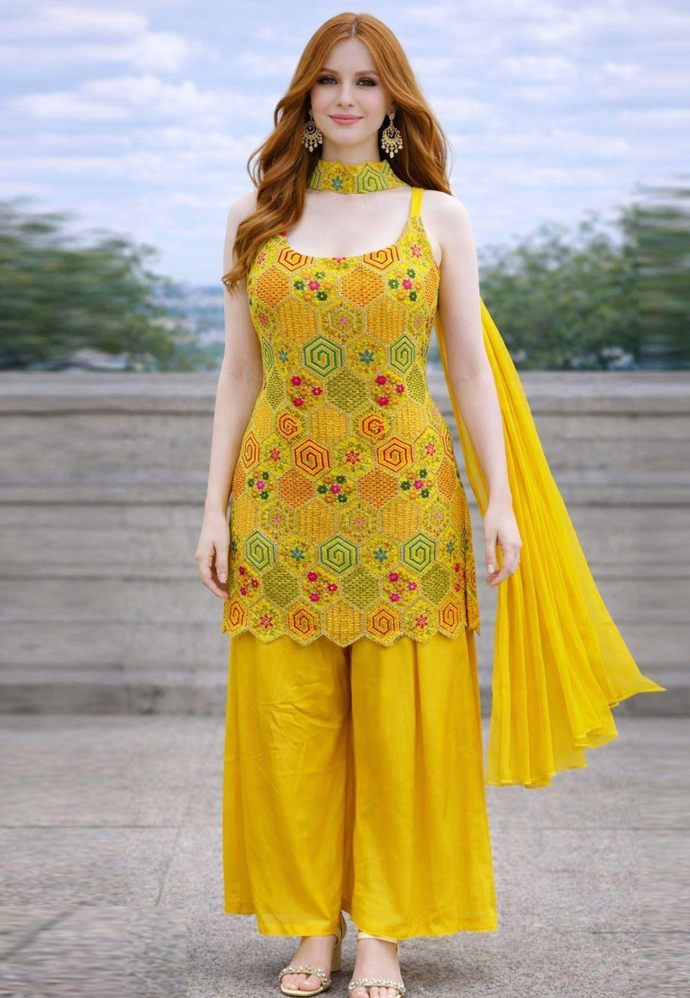 Yellow Chinon Silk Readymade Palazzo Suit 323318