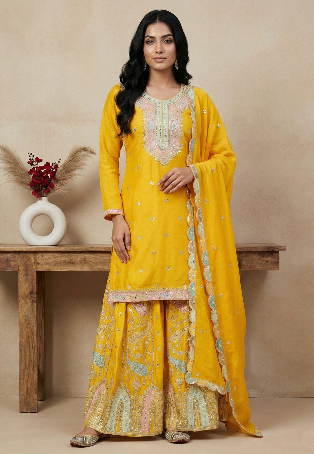 Yellow Chinon Silk Readymade Sharara Suit 323994