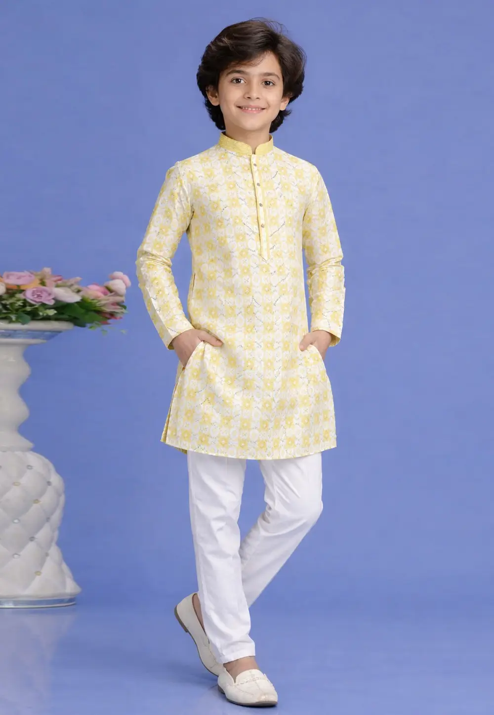Yellow Cotton Boys Kurta Pajama 335736