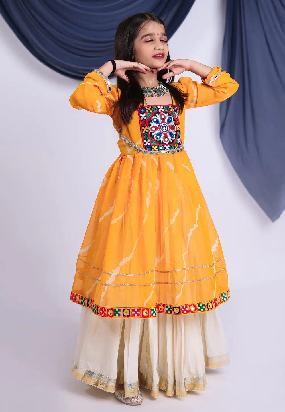 Yellow Cotton Girls Navratri Lehenga Choli 335402