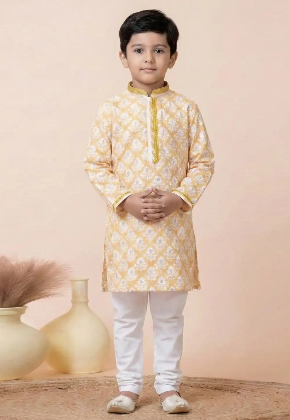 Yellow Cotton Kids Kurta Pajama 322278