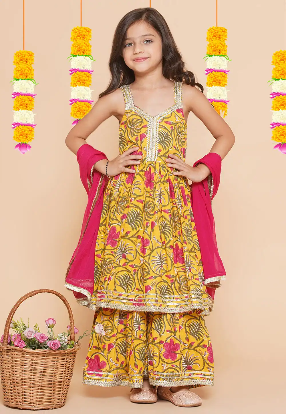 Yellow Cotton Kids Sharara Suit 282647