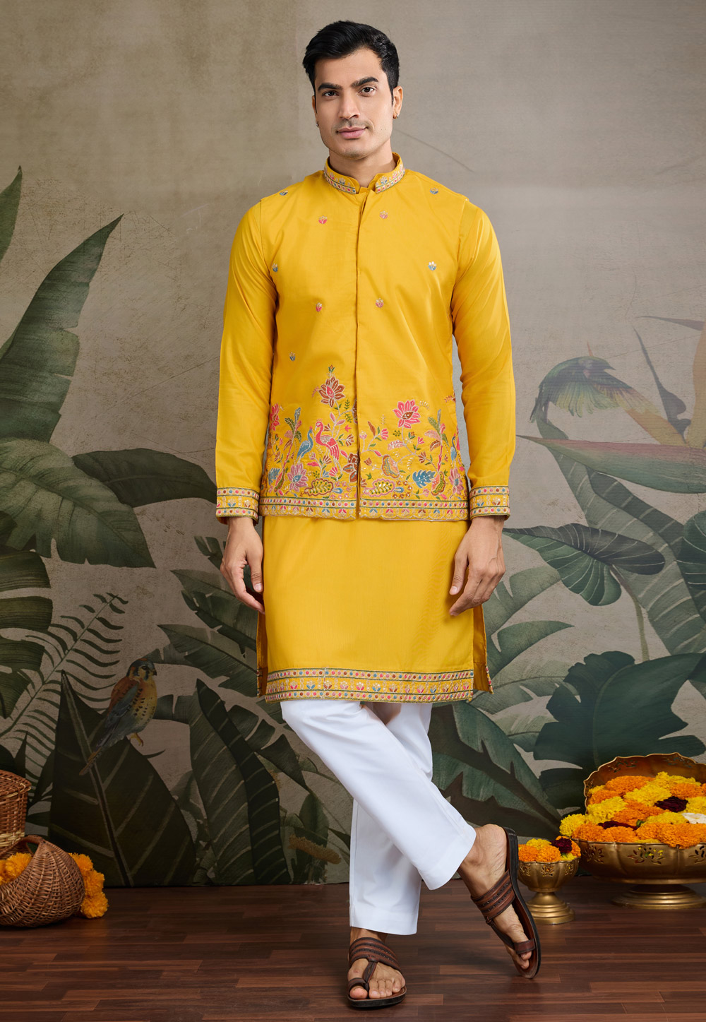 Yellow Cotton Kurta Pajama With Jacket 311434