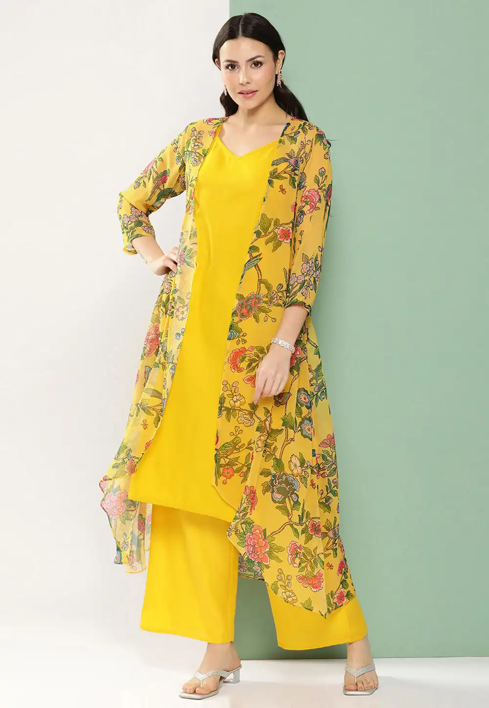 Yellow Cotton Kurta Set With Jacket 281416