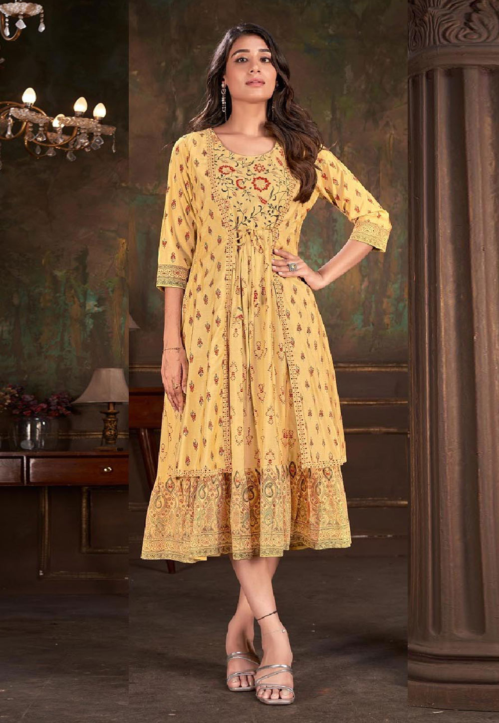 Yellow Cotton Long Kurti With Jacket 281218