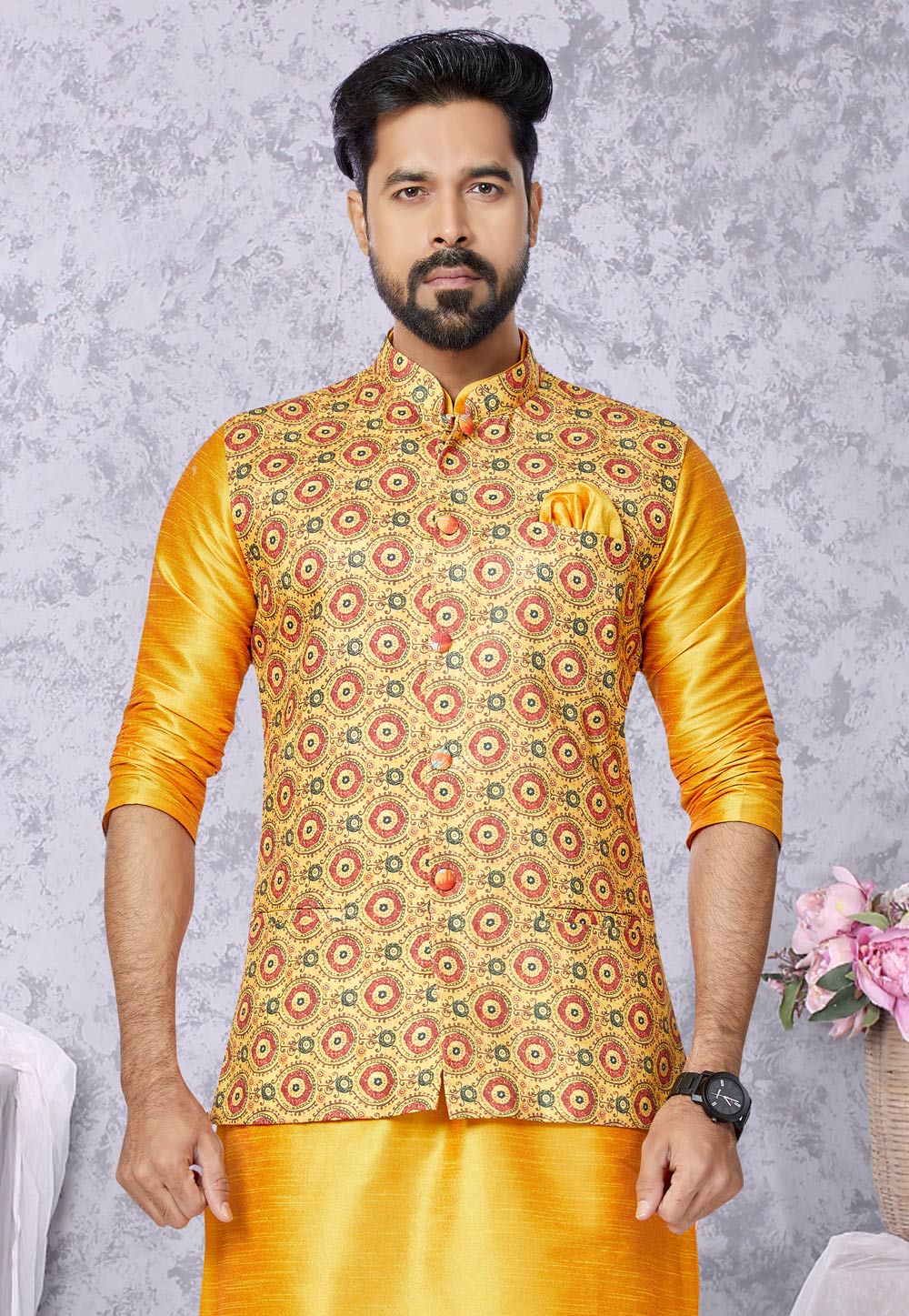 Yellow Cotton Nehru Jacket 286785