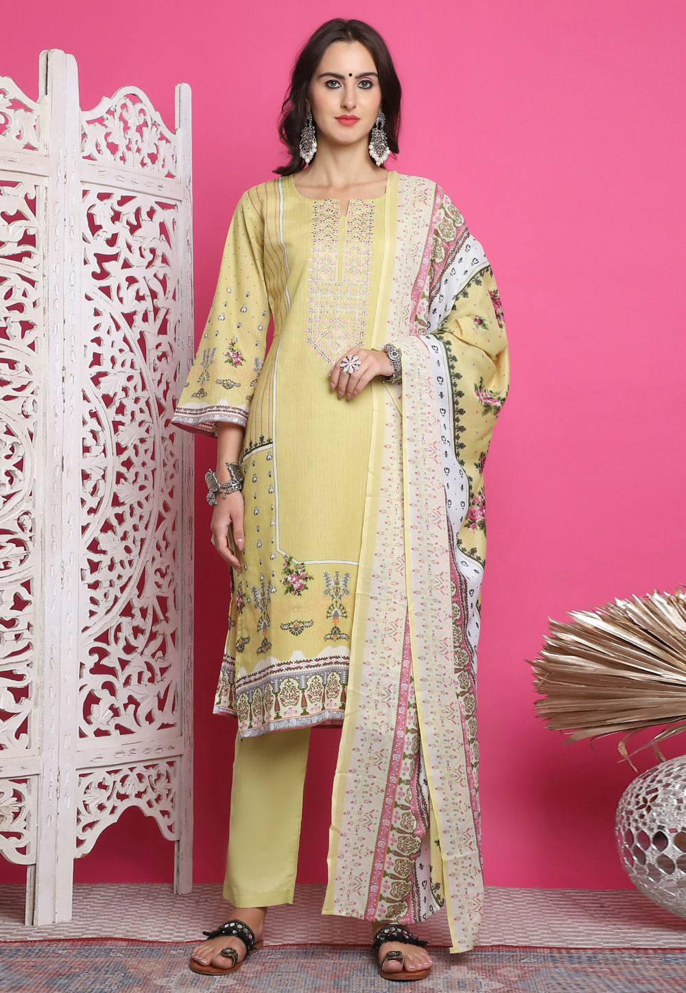 Yellow Cotton Pant Style Suit 310125