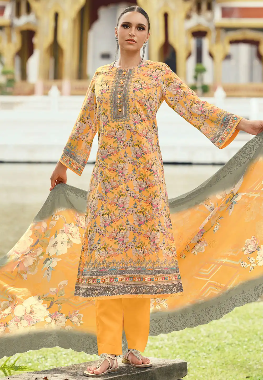 Yellow Cotton Pant Style Suit 318226