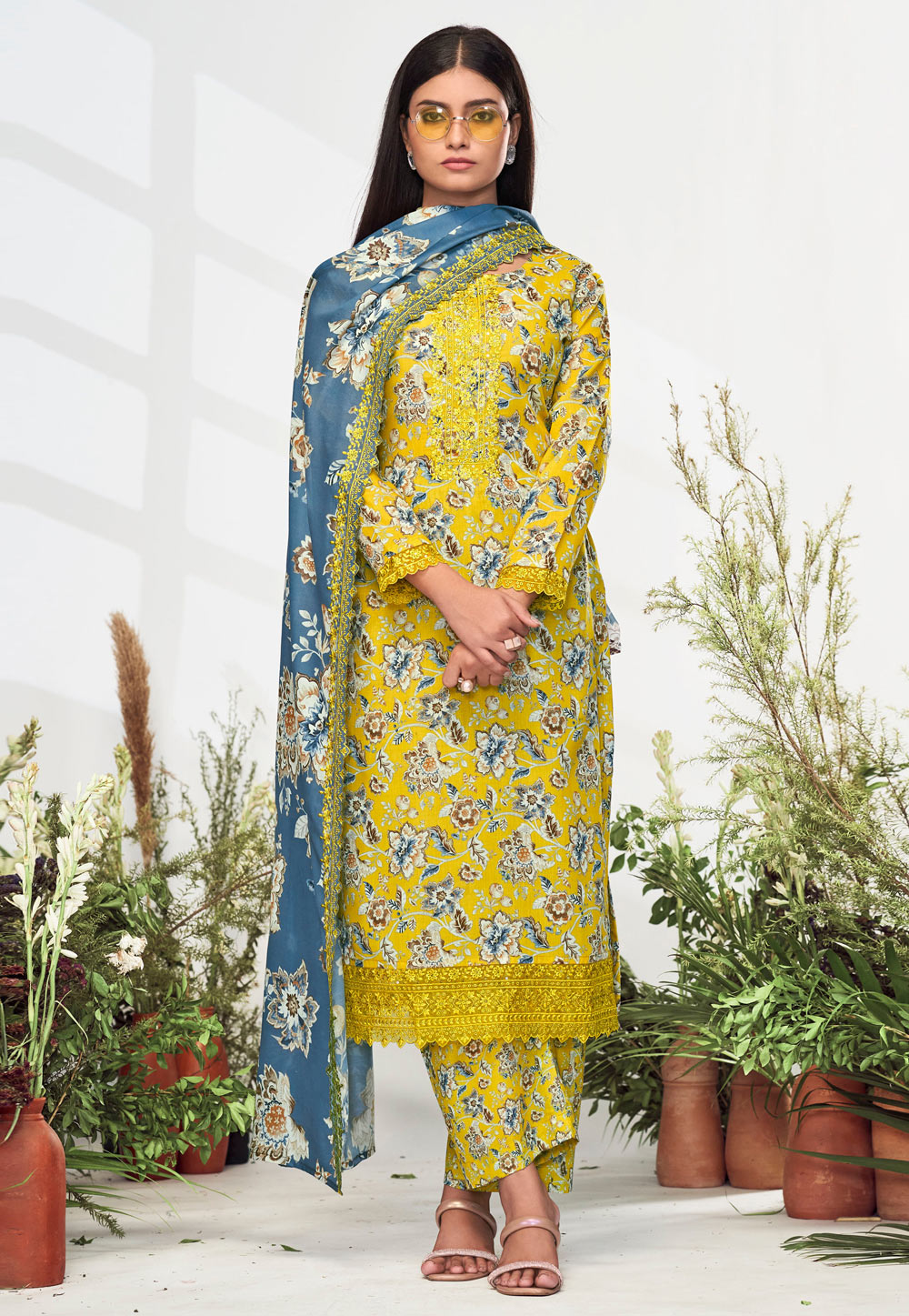 Yellow Cotton Pant Style Suit 307116