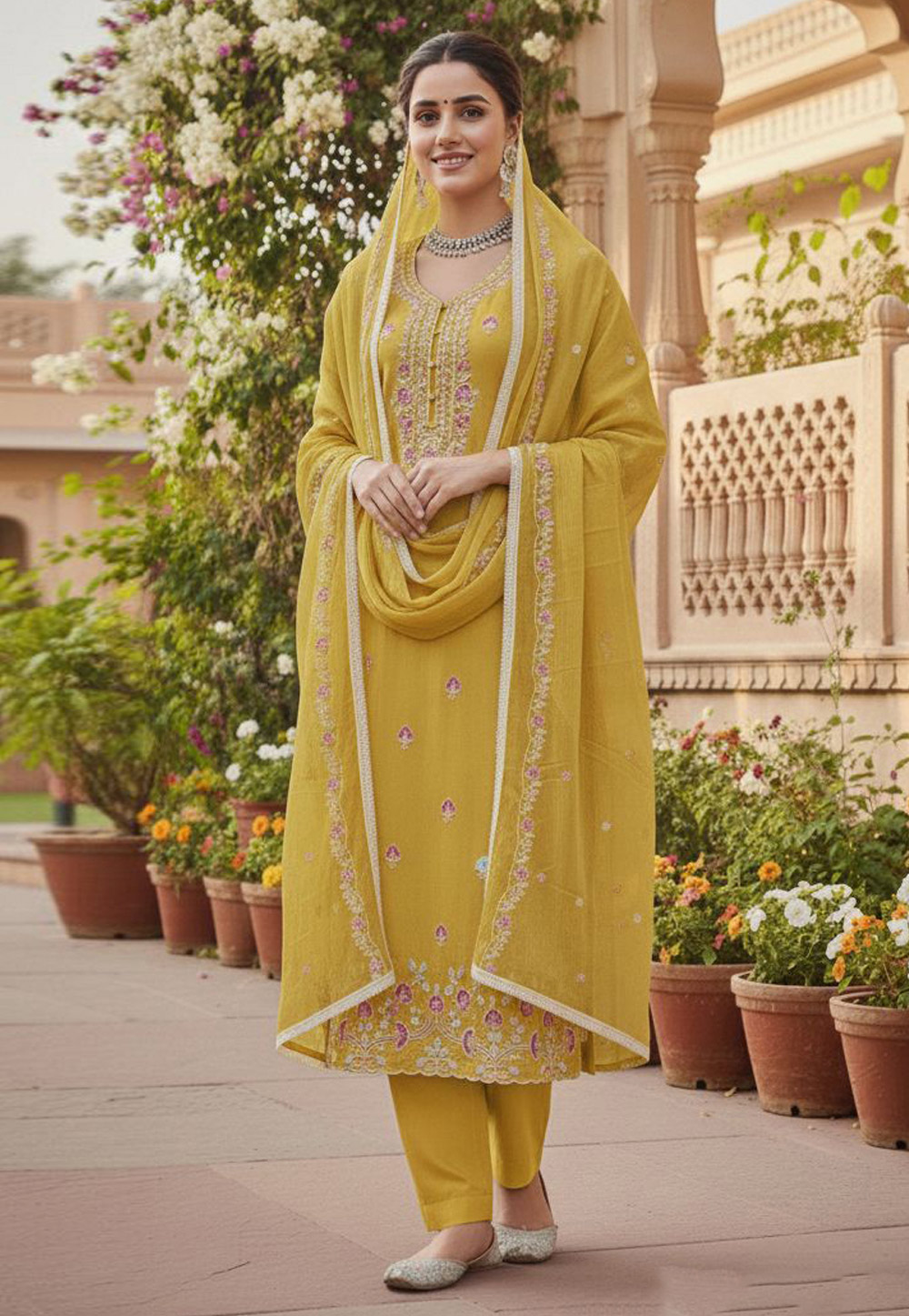 Yellow Cotton Pant Style Suit 324136