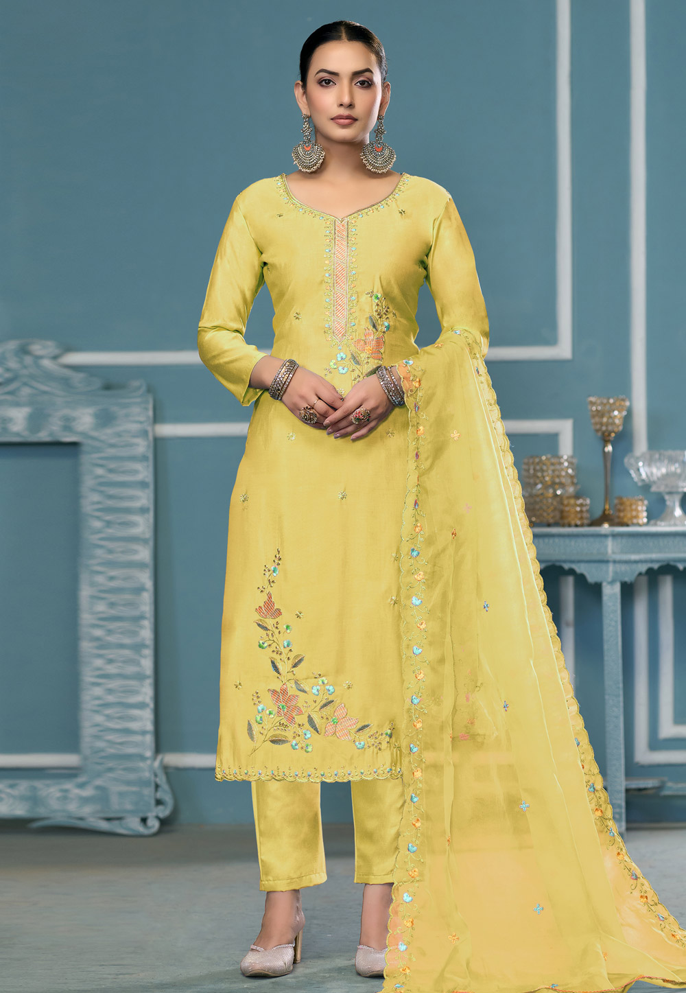Yellow Cotton Pant Style Suit 307284