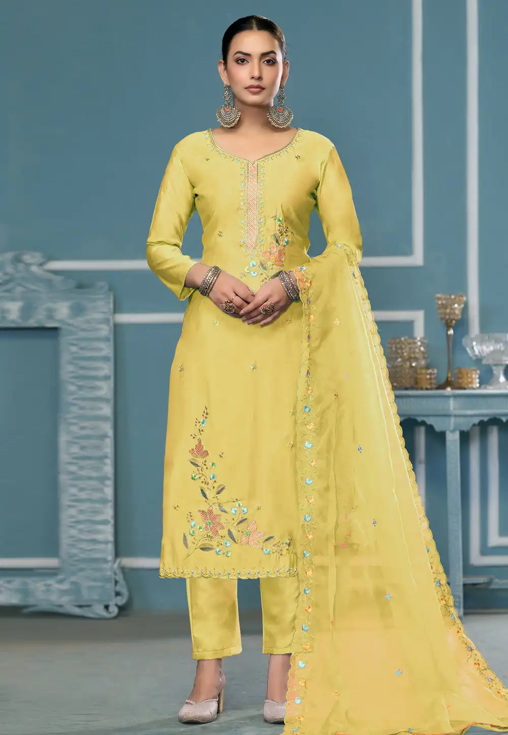 Yellow Cotton Pant Style Suit 307284