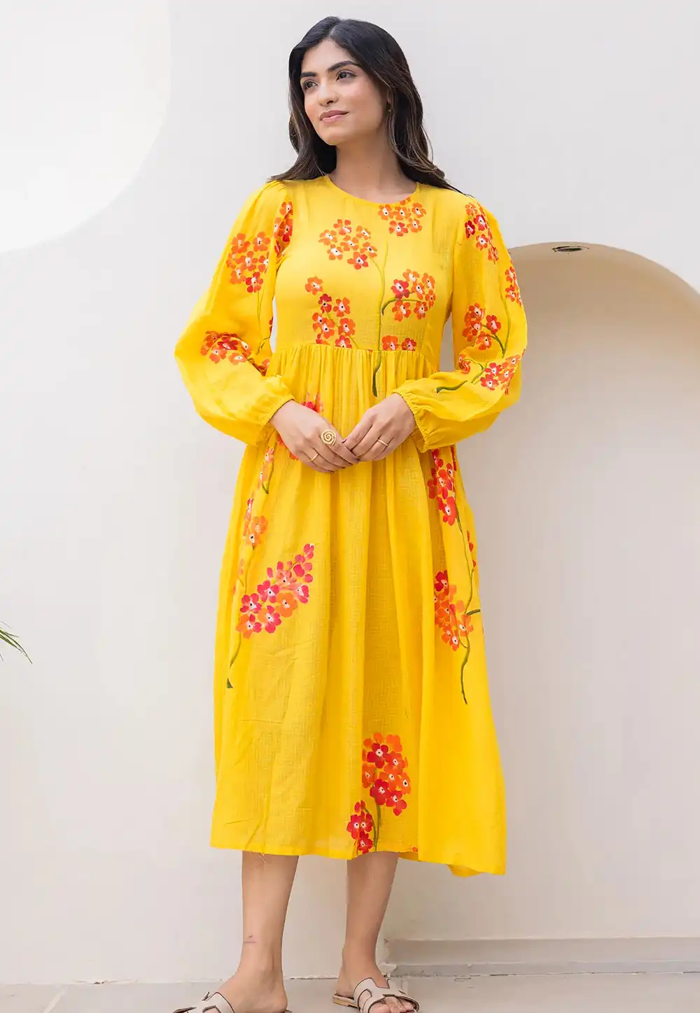 Yellow Cotton Printed Gown 318021