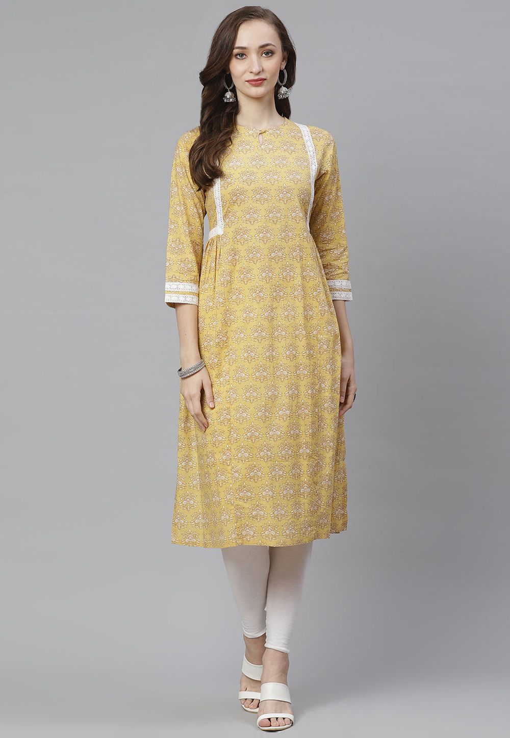 Yellow Cotton Printed Long Kurti 282212
