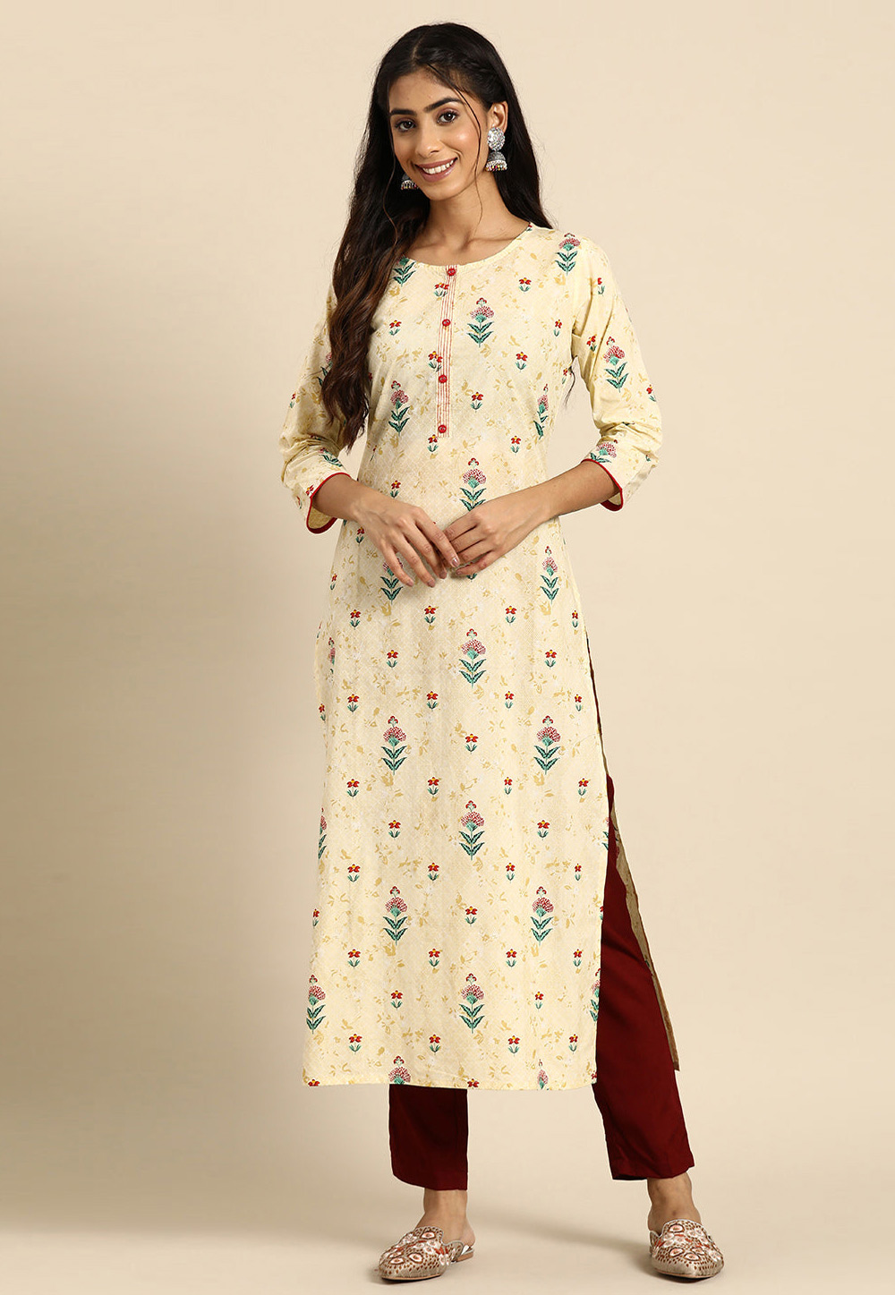 Yellow Cotton Printed Long Kurti 282715