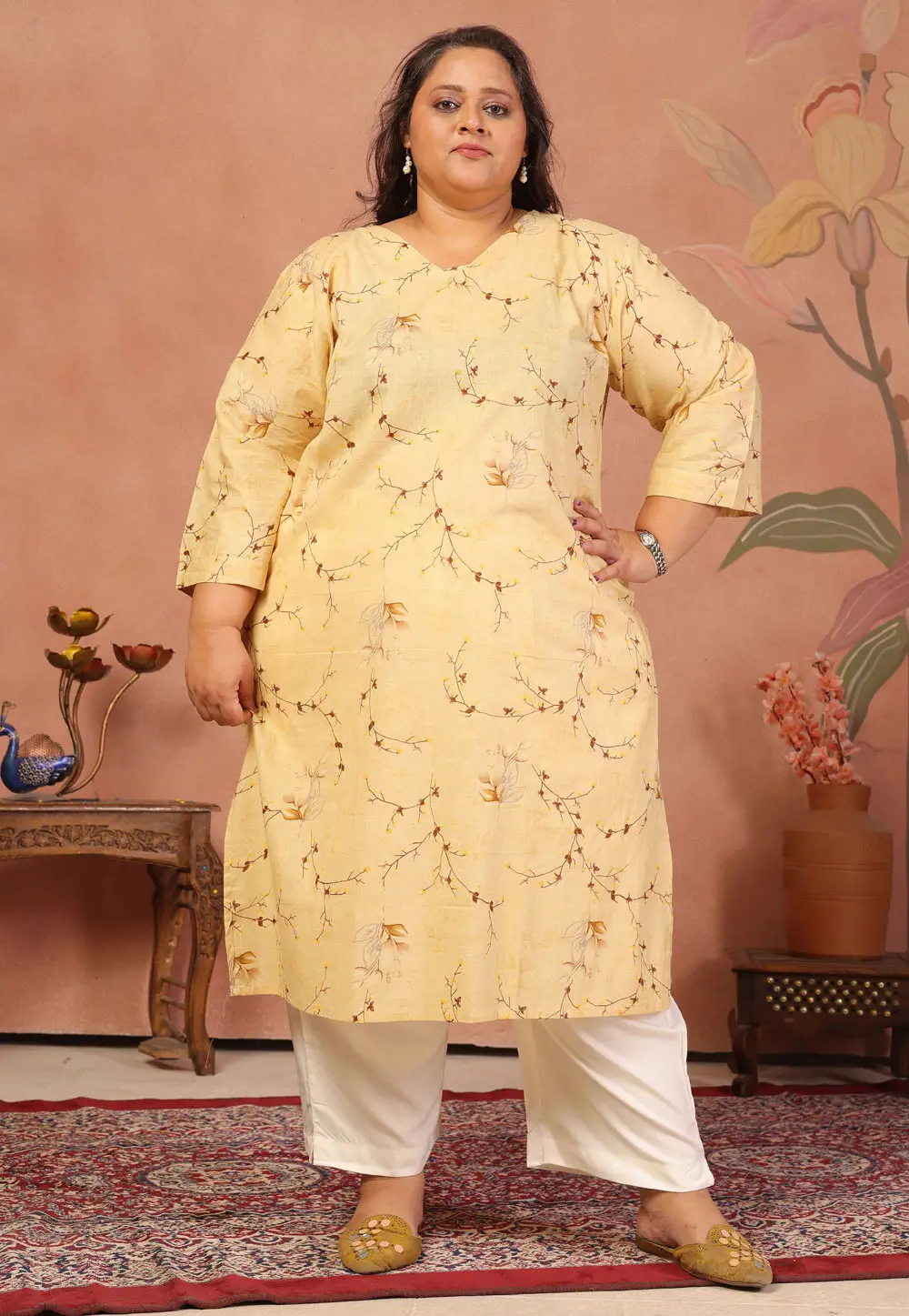 Yellow Cotton Printed Long Tunic 336952
