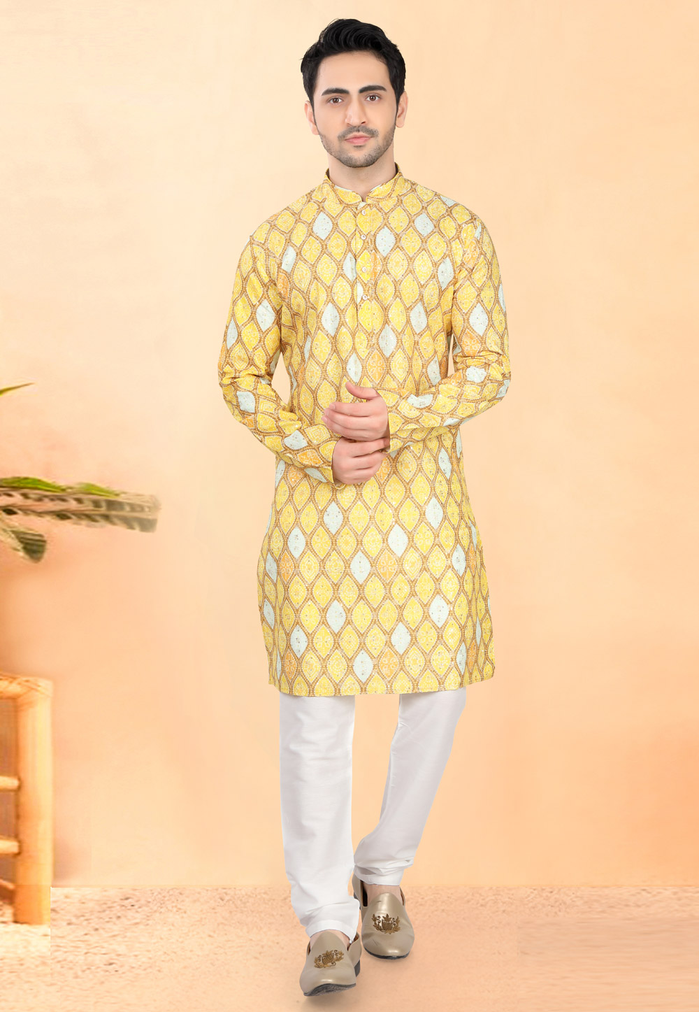 Yellow Cotton Rayon Kurta Pajama 307931